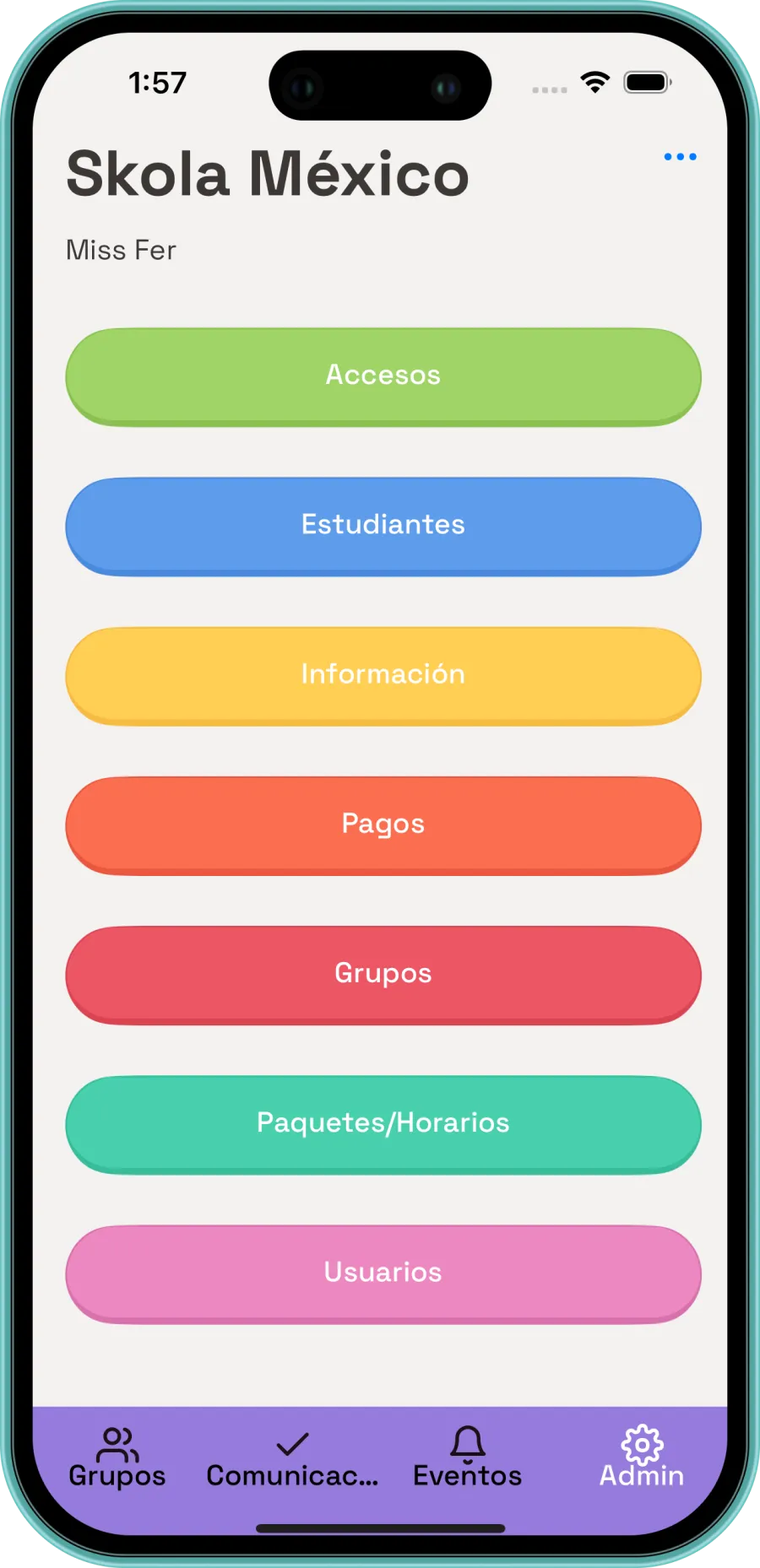 Panel de administración de la estancia infantil en Skola App
